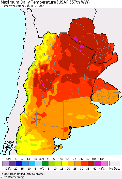 Southern South America Maximum Daily Temperature (USAF 557th WW) Thematic Map For 3/18/2024 - 3/24/2024