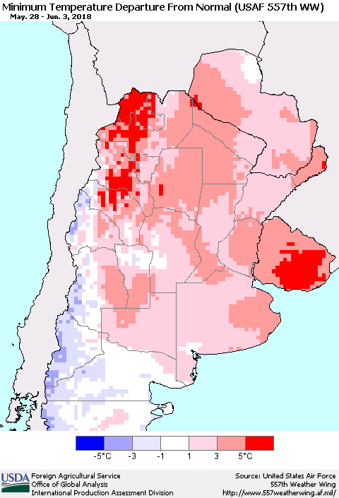 Southern South America Mean Minimum Temperature Departure from Normal (USAF 557th WW) Thematic Map For 5/28/2018 - 6/3/2018