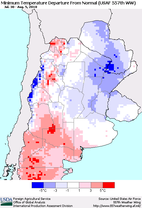 Southern South America Mean Minimum Temperature Departure from Normal (USAF 557th WW) Thematic Map For 7/30/2018 - 8/5/2018