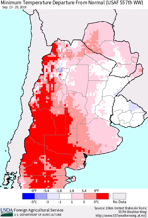 Southern South America Mean Minimum Temperature Departure from Normal (USAF 557th WW) Thematic Map For 9/23/2019 - 9/29/2019