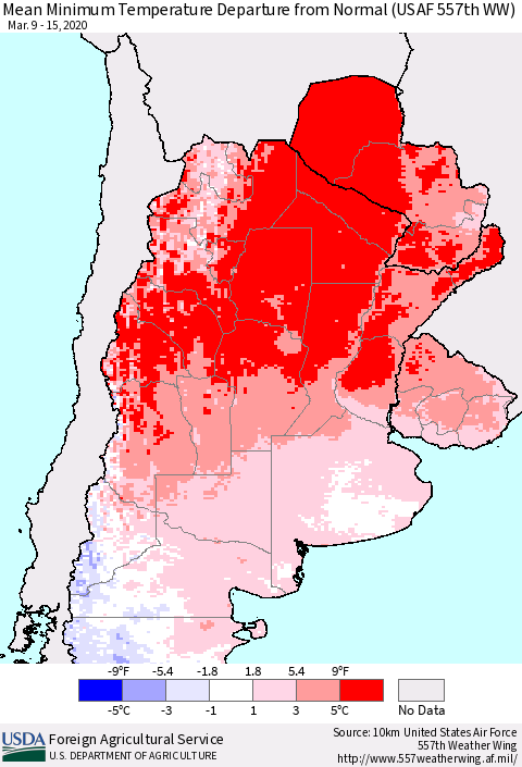 Southern South America Mean Minimum Temperature Departure from Normal (USAF 557th WW) Thematic Map For 3/9/2020 - 3/15/2020