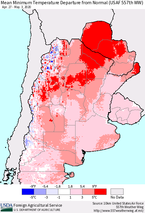Southern South America Mean Minimum Temperature Departure from Normal (USAF 557th WW) Thematic Map For 4/27/2020 - 5/3/2020