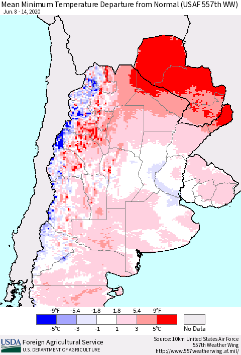 Southern South America Mean Minimum Temperature Departure from Normal (USAF 557th WW) Thematic Map For 6/8/2020 - 6/14/2020