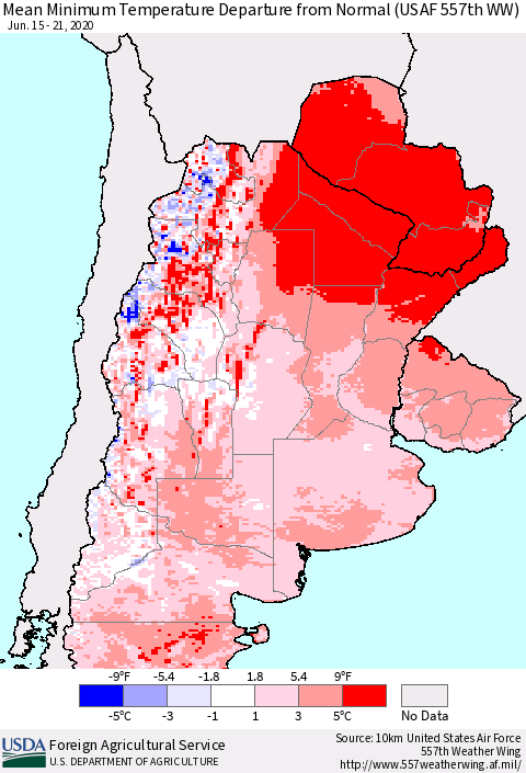 Southern South America Mean Minimum Temperature Departure from Normal (USAF 557th WW) Thematic Map For 6/15/2020 - 6/21/2020