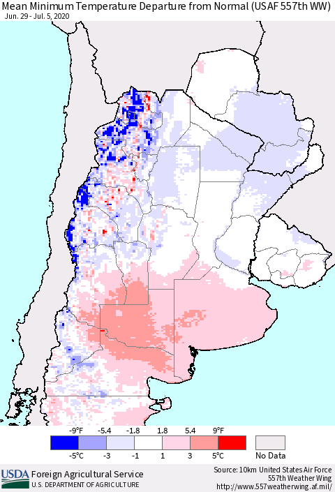 Southern South America Mean Minimum Temperature Departure from Normal (USAF 557th WW) Thematic Map For 6/29/2020 - 7/5/2020