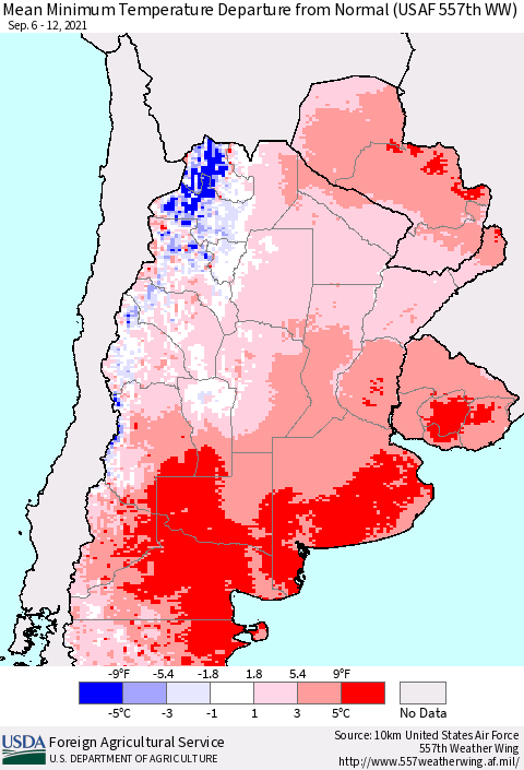 Southern South America Mean Minimum Temperature Departure from Normal (USAF 557th WW) Thematic Map For 9/6/2021 - 9/12/2021
