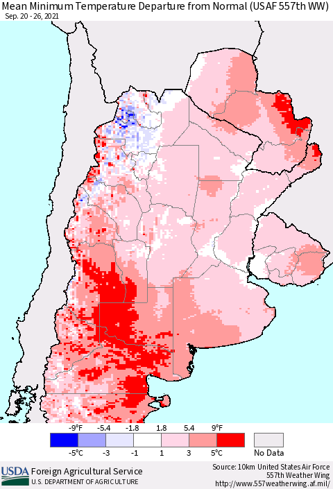 Southern South America Mean Minimum Temperature Departure from Normal (USAF 557th WW) Thematic Map For 9/20/2021 - 9/26/2021