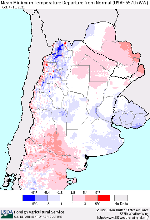 Southern South America Mean Minimum Temperature Departure from Normal (USAF 557th WW) Thematic Map For 10/4/2021 - 10/10/2021
