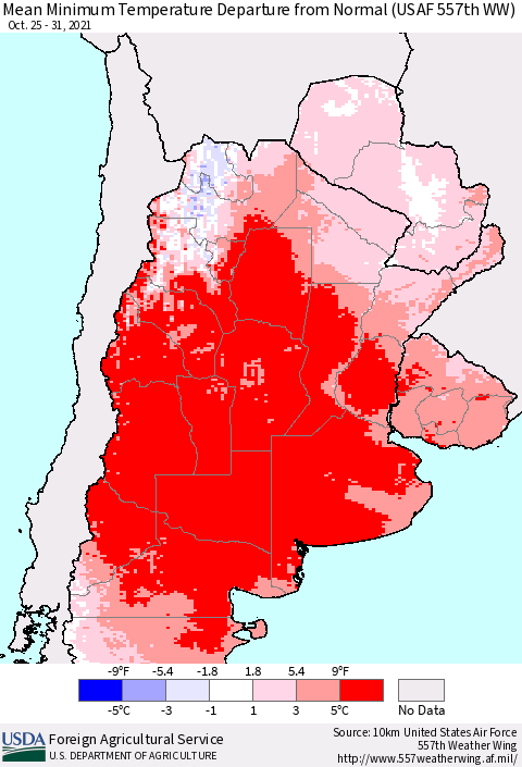 Southern South America Mean Minimum Temperature Departure from Normal (USAF 557th WW) Thematic Map For 10/25/2021 - 10/31/2021