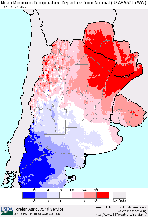 Southern South America Mean Minimum Temperature Departure from Normal (USAF 557th WW) Thematic Map For 1/17/2022 - 1/23/2022