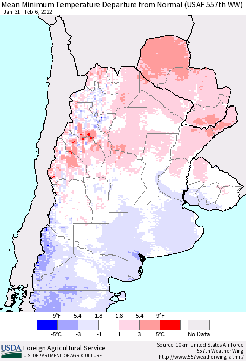 Southern South America Mean Minimum Temperature Departure from Normal (USAF 557th WW) Thematic Map For 1/31/2022 - 2/6/2022