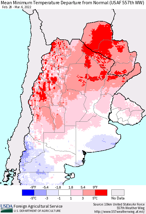 Southern South America Mean Minimum Temperature Departure from Normal (USAF 557th WW) Thematic Map For 2/28/2022 - 3/6/2022