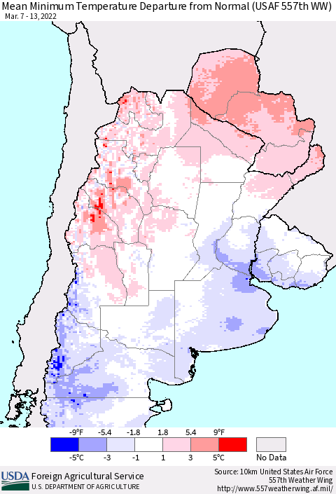 Southern South America Mean Minimum Temperature Departure from Normal (USAF 557th WW) Thematic Map For 3/7/2022 - 3/13/2022