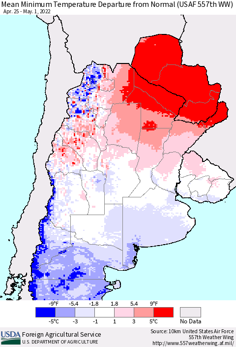 Southern South America Mean Minimum Temperature Departure from Normal (USAF 557th WW) Thematic Map For 4/25/2022 - 5/1/2022