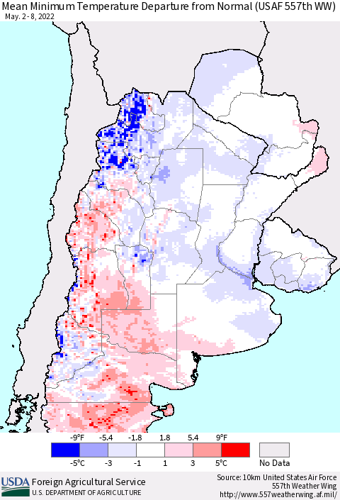 Southern South America Mean Minimum Temperature Departure from Normal (USAF 557th WW) Thematic Map For 5/2/2022 - 5/8/2022