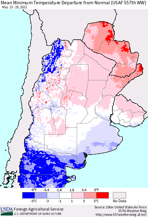 Southern South America Mean Minimum Temperature Departure from Normal (USAF 557th WW) Thematic Map For 5/23/2022 - 5/29/2022