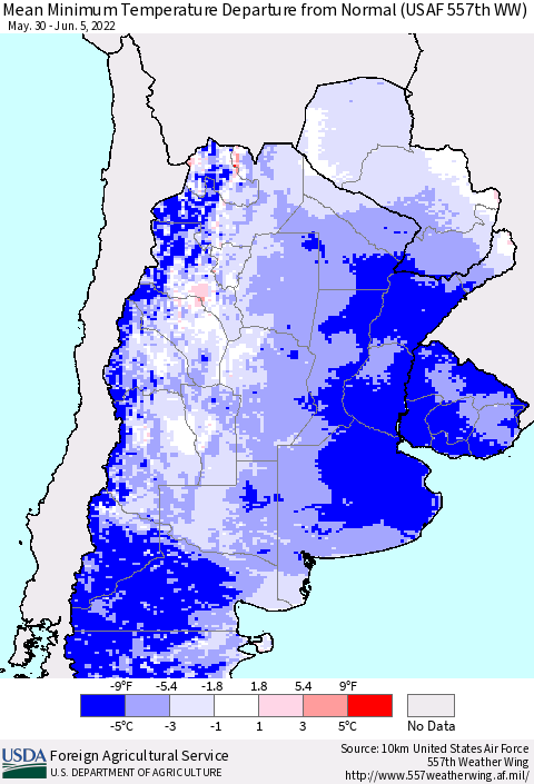 Southern South America Mean Minimum Temperature Departure from Normal (USAF 557th WW) Thematic Map For 5/30/2022 - 6/5/2022