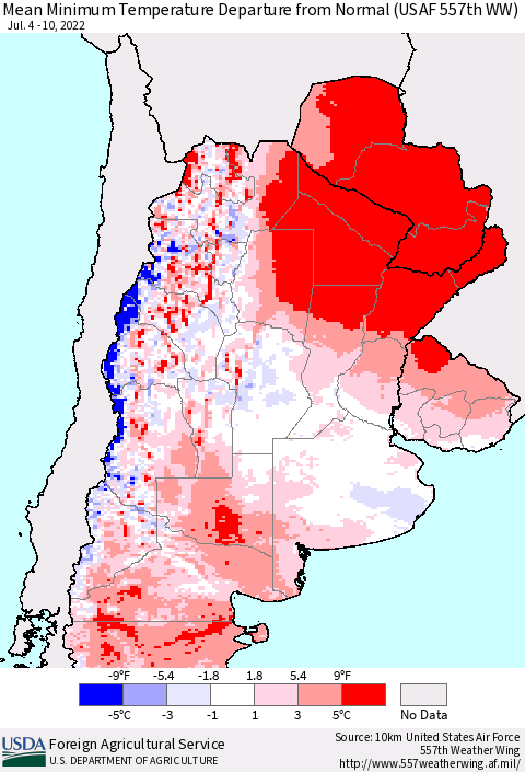 Southern South America Mean Minimum Temperature Departure from Normal (USAF 557th WW) Thematic Map For 7/4/2022 - 7/10/2022