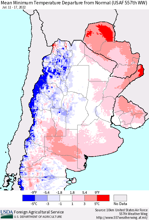 Southern South America Mean Minimum Temperature Departure from Normal (USAF 557th WW) Thematic Map For 7/11/2022 - 7/17/2022