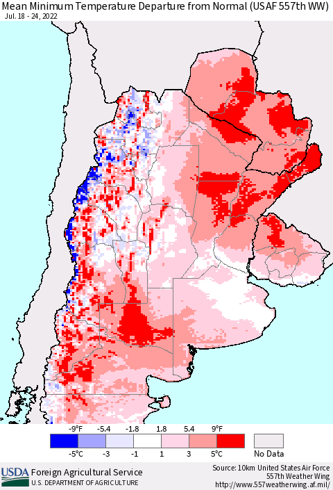 Southern South America Mean Minimum Temperature Departure from Normal (USAF 557th WW) Thematic Map For 7/18/2022 - 7/24/2022