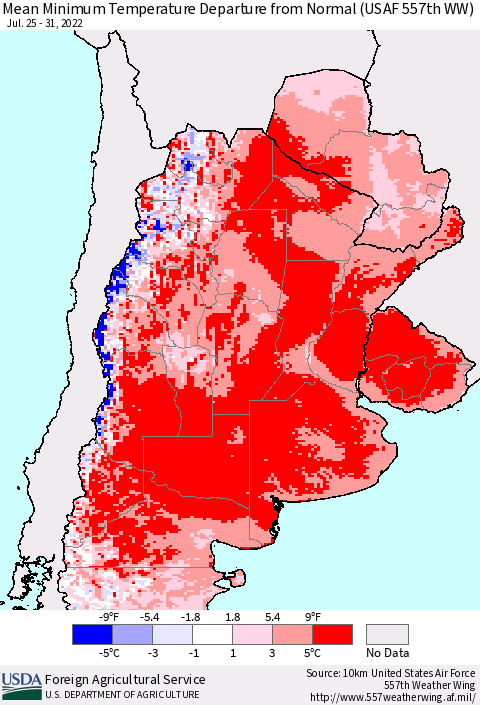 Southern South America Mean Minimum Temperature Departure from Normal (USAF 557th WW) Thematic Map For 7/25/2022 - 7/31/2022