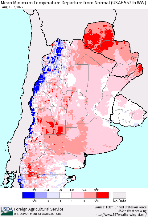Southern South America Mean Minimum Temperature Departure from Normal (USAF 557th WW) Thematic Map For 8/1/2022 - 8/7/2022