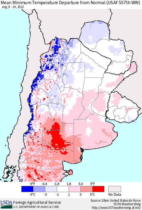 Southern South America Mean Minimum Temperature Departure from Normal (USAF 557th WW) Thematic Map For 8/8/2022 - 8/14/2022