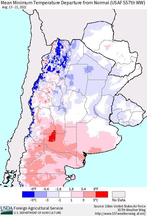 Southern South America Mean Minimum Temperature Departure from Normal (USAF 557th WW) Thematic Map For 8/15/2022 - 8/21/2022