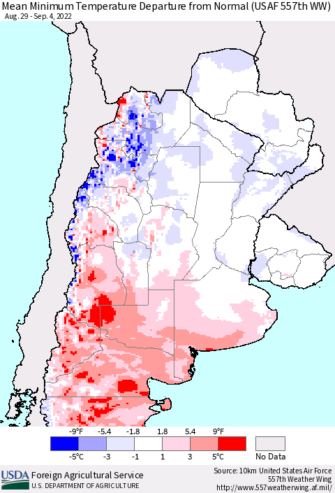 Southern South America Mean Minimum Temperature Departure from Normal (USAF 557th WW) Thematic Map For 8/29/2022 - 9/4/2022