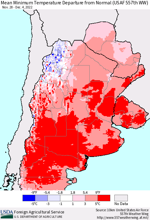 Southern South America Mean Minimum Temperature Departure from Normal (USAF 557th WW) Thematic Map For 11/28/2022 - 12/4/2022
