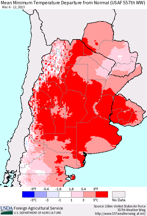 Southern South America Mean Minimum Temperature Departure from Normal (USAF 557th WW) Thematic Map For 3/6/2023 - 3/12/2023