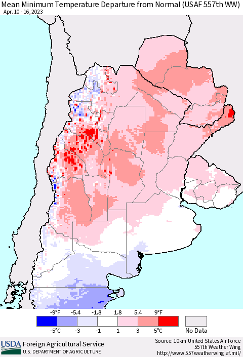 Southern South America Mean Minimum Temperature Departure from Normal (USAF 557th WW) Thematic Map For 4/10/2023 - 4/16/2023