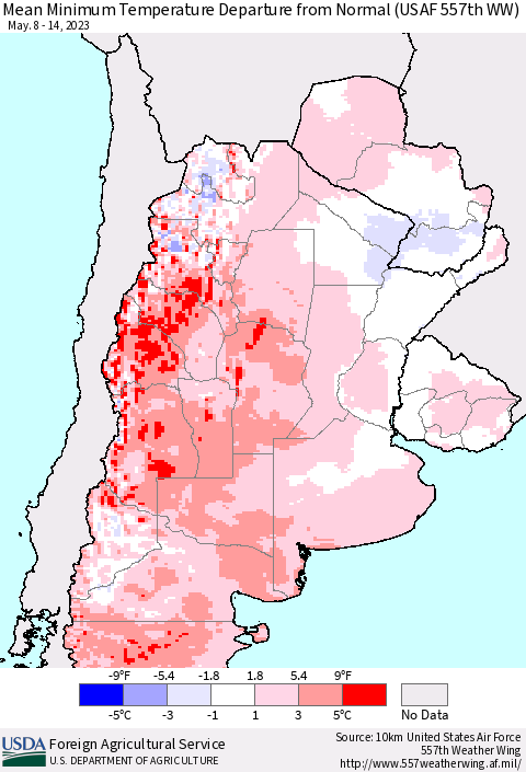 Southern South America Mean Minimum Temperature Departure from Normal (USAF 557th WW) Thematic Map For 5/8/2023 - 5/14/2023