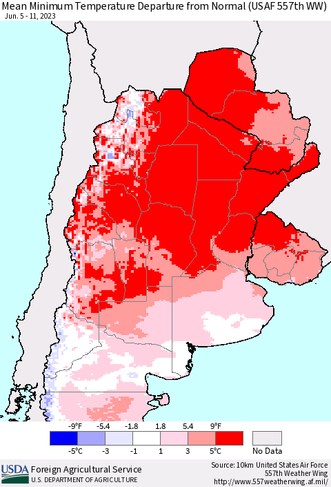 Southern South America Mean Minimum Temperature Departure from Normal (USAF 557th WW) Thematic Map For 6/5/2023 - 6/11/2023