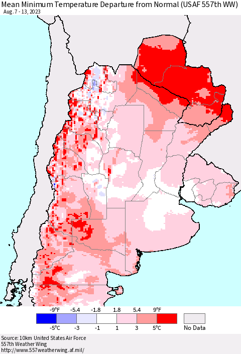 Southern South America Mean Minimum Temperature Departure from Normal (USAF 557th WW) Thematic Map For 8/7/2023 - 8/13/2023