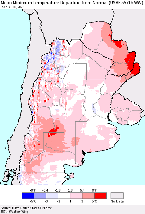 Southern South America Mean Minimum Temperature Departure from Normal (USAF 557th WW) Thematic Map For 9/4/2023 - 9/10/2023