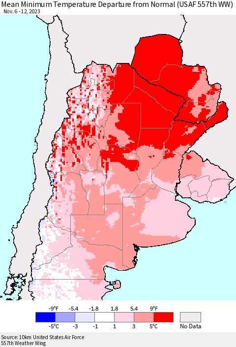 Southern South America Mean Minimum Temperature Departure from Normal (USAF 557th WW) Thematic Map For 11/6/2023 - 11/12/2023
