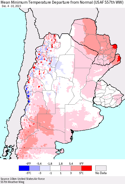 Southern South America Mean Minimum Temperature Departure from Normal (USAF 557th WW) Thematic Map For 12/4/2023 - 12/10/2023