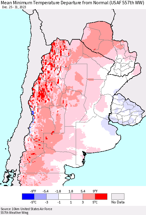 Southern South America Mean Minimum Temperature Departure from Normal (USAF 557th WW) Thematic Map For 12/25/2023 - 12/31/2023