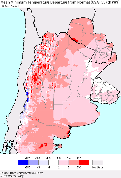 Southern South America Mean Minimum Temperature Departure from Normal (USAF 557th WW) Thematic Map For 1/1/2024 - 1/7/2024