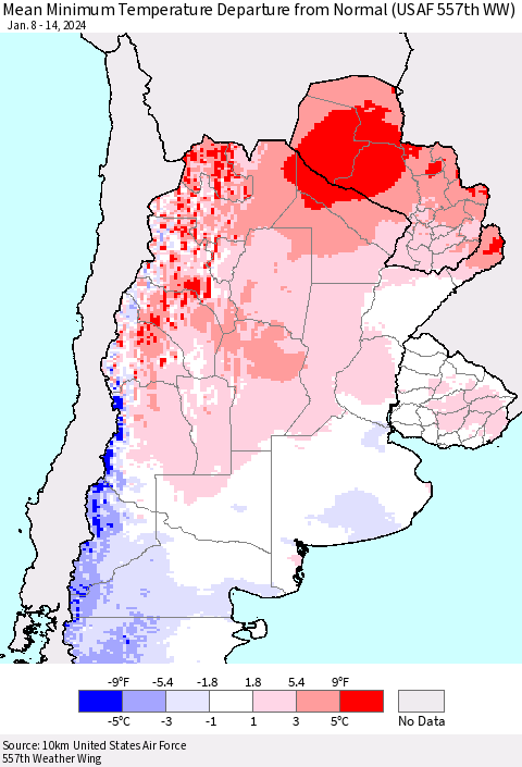 Southern South America Mean Minimum Temperature Departure from Normal (USAF 557th WW) Thematic Map For 1/8/2024 - 1/14/2024