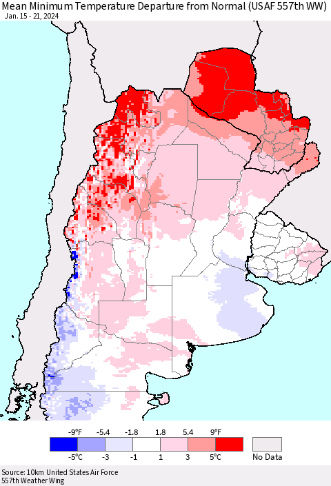 Southern South America Mean Minimum Temperature Departure from Normal (USAF 557th WW) Thematic Map For 1/15/2024 - 1/21/2024