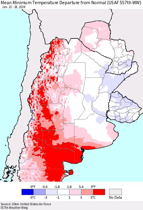Southern South America Mean Minimum Temperature Departure from Normal (USAF 557th WW) Thematic Map For 1/22/2024 - 1/28/2024