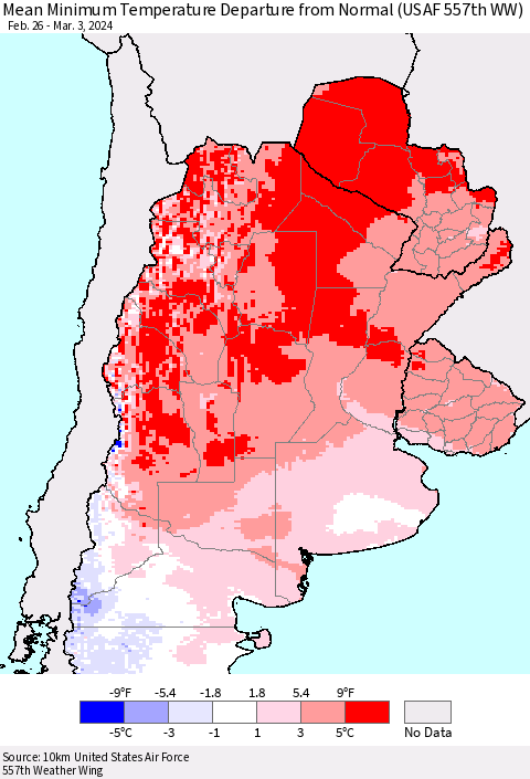 Southern South America Mean Minimum Temperature Departure from Normal (USAF 557th WW) Thematic Map For 2/26/2024 - 3/3/2024
