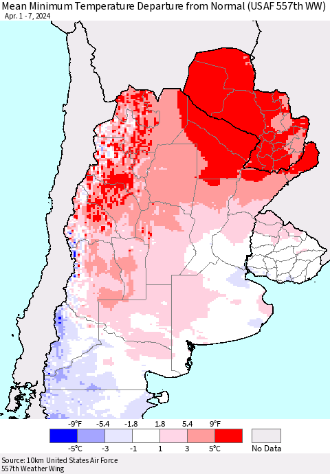 Southern South America Mean Minimum Temperature Departure from Normal (USAF 557th WW) Thematic Map For 4/1/2024 - 4/7/2024