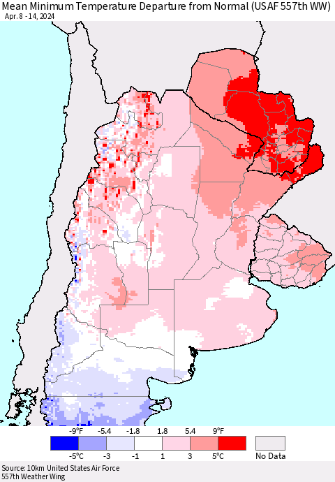 Southern South America Mean Minimum Temperature Departure from Normal (USAF 557th WW) Thematic Map For 4/8/2024 - 4/14/2024
