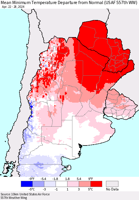 Southern South America Mean Minimum Temperature Departure from Normal (USAF 557th WW) Thematic Map For 4/22/2024 - 4/28/2024