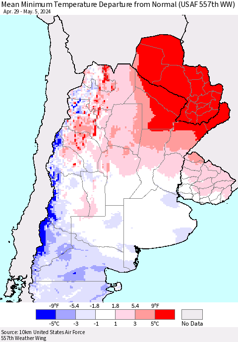 Southern South America Mean Minimum Temperature Departure from Normal (USAF 557th WW) Thematic Map For 4/29/2024 - 5/5/2024