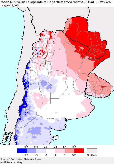 Southern South America Mean Minimum Temperature Departure from Normal (USAF 557th WW) Thematic Map For 5/6/2024 - 5/12/2024