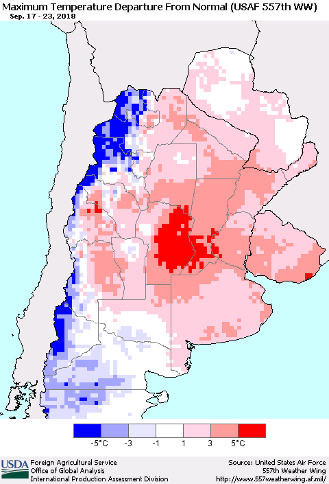 Southern South America Mean Maximum Temperature Departure from Normal (USAF 557th WW) Thematic Map For 9/17/2018 - 9/23/2018